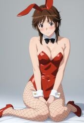 ai ai_generated amagami animal_ears animal_tail bakadere bangs bare_shoulders bent_knees black_bow black_bowtie black_footwear black_leotard black_neckwear blush bow bowtie breasts brown_eyes brown_hair bunny_ears bunny_tail bunnysuit chubby_female clavicle cleavage closed_mouth clothing detached_collar fake_animal_ears fake_tail female female female_only fishnet_legwear fishnet_pantyhose fishnets footwear full_body groin hairband high_heels highleg_leotard large_breasts legwear leotard looking_at_viewer medium_breasts neckwear pantyhose playboy_bunny plump red_bow red_bowtie red_leotard sakurai_rihoko shoes short_hair simple_background sitting solo strapless strapless_leotard student tail teen teen_girl teenage teenage_girl teenager thighs wariza wrist_cuffs