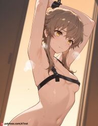 ai_generated amane_suzuha bondage breasts disheveled navel small_breasts steaming_body steins;gate stretching sweat