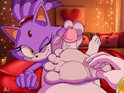 anthro barefoot blaze_the_cat domestic_cat duo feet felid feline felis female first_person_view foot_fetish foot_play footjob genitals male male_pov mammal one_eye_closed penis purple_body sega sex skoufidios smile soles sonic_(series) sonic_the_hedgehog_(series) toes yellow_eyes