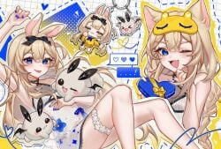 :d ;d animal_ears arm_up armpits bangs bare_shoulders black_choker blonde_hair blue_eyes blue_nails blush bow choker closed_eyes dress female hair_between_eyes heart long_hair looking_at_viewer multicolored_nails nail_polish oerba_yun_fang one_eye_closed open_mouth red_nails ribbon single_thighhigh smile thighhighs very_long_hair vyugen white_legwear yenko