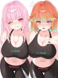 2girls black_bra blush bra duo female female_only fully_clothed hololive hololive_english hololive_myth licking_lips light-skinned_female light_skin mori_calliope one_eye_closed open_mouth orange_hair pink_eyes pink_hair sinonamon_(sinonamoni43394) sports_bra sportswear takanashi_kiara tight_clothing virtual_youtuber