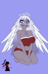 angel angel_(hazbin_hotel) angel_girl angel_halo angel_wings angels_(hazbin_hotel) big_ass big_breasts blind_peacock_draws_(artist) blue_eyes christmas christmas_angel christmas_clothing christmas_outfit dimple dimples emily_(hazbin_hotel) eye_on_chest halo hazbin_hotel long_hair panties purple_eyes sfw smile white_hair