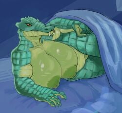 1girls anthro areolae bed bedroom big_areola big_breasts blue_background breasts breasts_bigger_than_head crocodile crocodilian curvaceous curvy curvy_figure erect_nipples female female_only huge_breasts iljajop in_bed inviting_under_covers nude orange_eyes scalie solo solo_female tagme thick_thighs voluptuous voluptuous_female wide_hips yellow_sclera