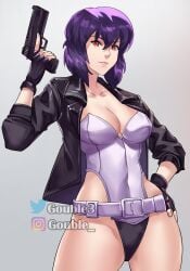 absurdres belt breasts cowboy_shot curvy female fingerless_gloves ghost_in_the_shell ghost_in_the_shell:_stand_alone_complex gloves gouble3 gun hand_on_own_hip handgun highleg highleg_leotard highres holding holding_gun holding_weapon instagram_username jacket kusanagi_motoko leather leather_jacket leotard lipstick looking_at_viewer makeup medium_breasts pistol purple_hair red_eyes short_hair simple_background smile solo thong_leotard twitter_username weapon wide_hips