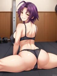 ahoge ai_generated ass azuma_marina bare_shoulders big_ass big_breasts black_bra black_panties black_underwear breasts cleavage female gym huge_ass huge_breasts isogil kashidashi_tsuma_marina_no_"netorase"_houkoku_binkan_tsuma_to_zetsurin_daigakusei purple_hair seductive seductive_eyes seductive_look seductive_smile sexy_pose shiny_skin short_hair smile splits stretching thick_thighs thighs