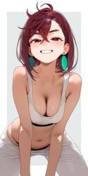 1girls ai_generated anime anime_style ayase_momo bare_shoulders belly belly_button blush breasts brown_eyes brown_hair cleavage dandadan earrings gym gym_clothes medium_breasts midriff naughty_smile perky_breasts short_hair smile solo sports_bra stable_diffusion thong yoga_pants