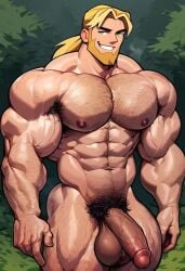 1boy abs ai_generated balls bara beard biceps blonde_hair bodybuilder bridgette_(tdi) cartoon_network circumcised civitai deltoids erect_penis erection forest gay genderswap_(ftm) green_eyes hairy_armpits hairy_chest houseoflust2001 huge_cock male male_only manly muscular muscular_male navel nipples nude pecs penis ponytail pubic_hair rule_63 smile solo total_drama_island veiny_muscles veiny_penis