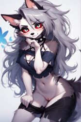 ai_generated anthro bare_shoulders canine cleavage clothed_female crop_top curvy_female ear_piercing exposed_pussy eyeshadow female flashing grey_body grey_eyes hellhound helluva_boss loona_(helluva_boss) no_panties pussy red_sclera shorts shorts_down silver_hair smile spiked_collar white_body
