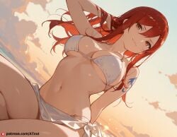 ai_generated bikini brown_eyes erza_scarlet hair_between_eyes large_breasts long_hair navel over-the-legs red_hair sarong smug swimsuit tattoo white_bikini