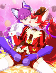 1futa 1girls animal_ears bangs bike_shorts boots cat_ears cat_tail clothing cure_chocolat cure_macaron elbow_gloves erection food_themed_hair_ornament footjob footjob_over_clothes french_kiss futanari gloves hair_ornament interlocked_fingers intersex kenjou_akira kirakira_precure_a_la_mode kissing kotozume_yukari macaron_hair_ornament magical_girl multiple_girls mushiro_(nijie728995) precure pretty_cure profile purple_hair red_hair shoejob shorts stockings tail thigh_boots thighhighs