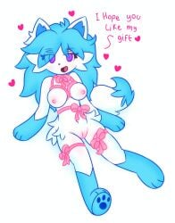 absurd_res anthro blue_hair bondage bondage bound bow_ribbon breasts canid canine female fox fur genitals hair hi_res mammal mimi_noooo nipples pawpads pussy restraints rope rope_bondage rope_harness solo white_body white_fur