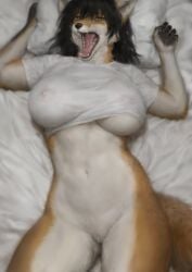 2025 bed big_breasts black_fur brown_hair clothing female female_only fox_ears fox_girl furry furry_female furry_only laying_on_back laying_on_bed nipple_bulge open_mouth orange_eyes orange_fur partially_clothed pillow realistic solo tagme teeth tonkatsumayo white_fur