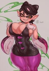 1girls breasts callie_(splatoon) cleavage detached_collar earrings gloves huge_breasts ink inkling inkling_girl large_breasts long_hair mole mole_under_eye nintendo ourobot pointy_ears solo splatoon tentacle tentacle_hair thick_thighs two_tone_hair white_gloves