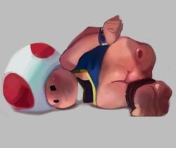 1boy ass_focus balls cock_shadow gay handcuffed huge_ass humanoid looking_at_viewer male male_only mario_(series) non-human penis sleeveless_shirt sweating thick_ass thighs tied_up toad_(mario) top_wear topwear_only