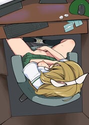 blonde_hair breast_grab breasts cat_ears computer desk desktop electronics female fingering from_above girls_und_panzer headphones long_hair masturbation nekonyaa nekonyaa_(girls_und_panzer) nifoc nipple panty_pull pubic_hair pussy_juice sitting solo