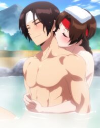 bathing blush blush folded_towel happy headband hot_spring hug_from_behind king_of_fighters kiss_from_behind kiss_on_neck kissing_from_behind kissing_neck kyo_kusanagi mountain onsen scrubbing smile towel towel_on_head yuri_sakazaki