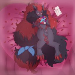 1:1 animal_genitalia animal_penis anthro balls bed big_tail blush bodily_fluids box_of_chocolates bulge candy canid canine canine_genitalia canine_penis chocolate dessert digital_media_(artwork) excessive_fluff femboy fluffy food fox fur furniture generation_5_pokemon genital_fluids genitals grey_body grey_fox grey_fur heart_bed heart_box heterochromatic_ears heterochromia hi_res holidays huge_tail kitorie leaking_precum looking_at_viewer lying male mammal nintendo nude on_back penis penis_tip petals pokemon pokemon_(species) precum red_body red_fur ribbons sheath shy smile solo tail thick_thighs urocyon valentine's_day valentine's_day_card zoroark zorro_(valdusaetherius)