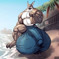 2014 anthro balls beach big_balls big_muscles bulge clothing cloud dragon hi_res huge_balls hyper hyper_balls hyper_penis male male_only muscular muscular_male neodokuro outside overlai pecs penis penis_outline rook_(overlai) scalie seaside sky solo thong