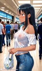 1girls ai_generated bare_shoulder breasts casual casual_nudity covered_nipples crowd denim earclip encoder female grocery_store hayase_nagatoro indoors jeans long_hair medium_breasts no_underwear please_don't_bully_me,_nagatoro public see-through shop shopping_bag store sweat t-shirt tanlines uncensored wet_clothes wet_shirt