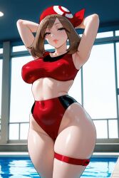 ai_generated armpits arms_behind_head bandana belly_button_visible_through_clothing brown_hair cameltoe cowboy_shot female haruka_(pokemon) may_(pokemon) midriff nipple_bulge pokemon poolside rgomez007 skindentation solo_female sports_bikini stable_diffusion thick_thighs thigh_strap wide_hips