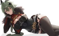 1girls absurdres black_gloves black_thighhighs breasts caesar_king_(zenless_zone_zero) chco closed_mouth expressionless female female_only fur_trim gloves green_hair hair_between_eyes hand_on_own_cheek hand_on_own_face highres large_breasts long_hair looking_at_viewer lying on_side sidelocks simple_background solo thighhighs thighs white_background yellow_eyes zenless_zone_zero