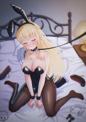 absurdres animal_ears bare_shoulders bed bed_sheet black_hairband black_leotard black_pantyhose blonde_hair blush bondage bound bound_wrists braid breasts cleavage closed_eyes closed_mouth collar collarbone commentary_request controller covered_navel cuffs detached_collar facing_viewer fake_animal_ears female female_focus full_body hairband heaven_burns_red high_heels highres holding holding_controller holding_remote_control indoors lamp large_breasts leash leotard long_hair on_bed pantyhose pillow playboy_bunny ponytail rabbit_ears raised_eyebrows remote_control restrained shackles shoes sidelocks single_bare_shoulder sitting sizmaru11 solo strapless strapless_leotard sweat tears thighband_pantyhose toujou_tsukasa trembling unworn_shoes variant_set very_long_hair viewer_holding_leash wariza white_wrist_cuffs wrist_cuffs