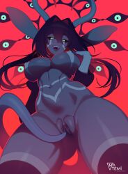 1girl artist_name asmo_(matemi) ass_visible_through_thighs black_sclera breasts brown_hair clitoral_hood colored_sclera commentary covered_nipples cowboy_shot demon_girl demon_horns english_commentary hair_intakes highres horns large_breasts looking_at_viewer matemi navel open_mouth original patreon_username pussy solo tail teeth thighhighs tongue uncensored urethra watermark