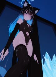 1girls ai_generated anime black_hair blue blue_eyes blue_hair catgirl facial hot icecat kromia krominya neko nekomimi vrchat vtuber cute legs_up smug_face covered_in_cum
