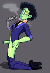 1boy 2025 4_fingers abs ass balls blush buttons cartoon_network cartoony cel_shading cigarette collared_shirt cosplay cowboy_bebop cyborg eyes_half_open foreskin goatee green_body green_hair green_skin grey_background halloween_costume hand_on_hip holding_cigarette humanoid itamigao jacket jacket_open kneeling lapels legs_together long_ears long_nose looking_at_viewer male_only mechanical_arm muscular muscular_male navel no_background pants pants_down penis pinup pointy_ears pubic_hair regular_show robotic_arm robotic_eye rolled_up_sleeves self_upload shadow shoes sideburns signature simple_background small_pupils smoke smoking solo solo_focus solo_male spike_spiegel techmo tie toony uncircumcised white_hair wig