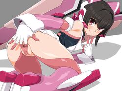 all_fours bare_shoulders black_hair blush boots breasts butakoma_300g censored closed_mouth detached_sleeves elbow_gloves erect_nipples female from_behind gloves headgear highres looking_at_viewer looking_back mosaic_censoring pink_boots pink_eyes pleated_skirt pussy senki_zesshou_symphogear shadow skirt skirt_lift small_breasts smile solo spread_pussy thighhighs tsukuyomi_shirabe twintails white_skirt