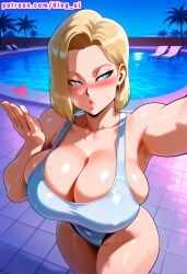 abs absurdres ahe_gao ai_generated android_18 bikini blonde_hair blue_bikini blue_eyes blush bob_cut detailed_background dragon_ball dragon_ball_gt dragon_ball_super dragon_ball_z dragonball_super earring earrings female highres huge_breasts king_ai large_ass large_breasts lounge_chair muscular_arms muscular_female palm_tree patreon poolside selfie shiny_skin short_hair six_pack slingshot_bikini smile solo sweat swimsuit thick_thighs wet wide_hips
