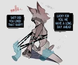 2boys alastor_(hazbin_hotel) anal bondage craxkers cumming deer_tail dialogue disembodied_hand gay hazbin_hotel hellaverse male male_only offscreen_character penis questionable_consent stomach_bulge tight_fit vox_(hazbin_hotel) yaoi