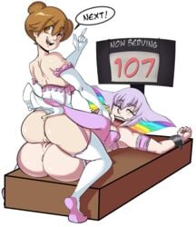 2girls anus arm_garter ass bare_shoulders breasts brown_eyes brown_hair corset frills garter_straps hair_bun high_heels index_finger_raised kill_la_kill kiryuuin_ragyou leg_lock looking_back lying lying_on_person mankanshoku_sukuyo milf multicolored_hair multiple_girls on_back open_mouth pink_legwear pussy radlionheart red_eyes restrained thighhighs tongue tongue_out white_legwear wince wink yuri