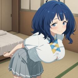 ahoge arms_behind_back big_breasts blue_eyes blue_hair blush bowtie busty cleavage female half-closed_eyes hands_behind_back large_breasts leaning_forward looking_at_viewer medium_hair pose posing school_uniform schoolgirl seductive seductive_look seductive_smile shirt skirt teasing yanami_anna