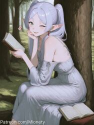 ;d against_tree ai_generated alternate_costume artist_name bare_shoulders blush book border contemporary day dress earrings elf english_text feet_out_of_frame female floating_earring forest frieren from_side grass green_eyes grey_dress grey_hair hand_on_own_cheek hand_on_own_face head_rest heart holding holding_book jewelry long_hair long_sleeves looking_at_viewer mionety nature nightgown off-shoulder_dress off_shoulder one_eye_closed open_book open_mouth outdoors parted_bangs patreon_username pointy_ears reading short_eyebrows sitting sitting_on_tree_stump small_breasts smile solo sousou_no_frieren thick_eyebrows tree twintails white_dress white_hair white_nightgown