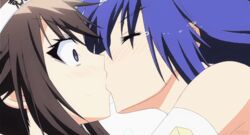 2girls animated bare_shoulders blue_eyes blue_hair blush brown_eyes brown_hair closed_eyes eye_contact face-to-face female female_only headband human kikaijima_mogana kissing kurokami_medaka looking_at_another medaka_box multiple_girls parted_lips screencap surprised tears yuri