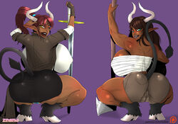 2girls anus_bulge areola backboob big_areola big_ass big_breasts big_butt big_lips big_nipples bimbo bovine breasts brown_skin butt cow_girl dark-skinned_female dark_skin female female_only hips hooves horns lips looking_at_viewer minotaur minotaur_female muscular_female neavana_(ranger_treble) nipple_bulge nipples perky_breasts plump_labia pointy_ears puffy_areola pussy pussy_bulge raskea_(ranger_treble) skimpy smile solo_female squatting tail thick_thighs thighs wide_hips zedeki