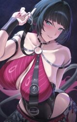 1girls absurdres animal_ears bare_shoulders black_hair black_one-piece_swimsuit black_sarong blue_eyes blurry blurry_background blush breast_curtains breasts chco choker cleavage collarbone commentary_request dark_background female female_only fingernails fishnet_sleeves fishnets hand_up highres jane_doe_(nocturne_of_light)_(zenless_zone_zero) jane_doe_(zenless_zone_zero) large_breasts leather_leotard long_hair looking_at_viewer mouse_ears mouse_girl mouse_tail multicolored_hair o-ring o-ring_choker o-ring_swimsuit official_alternate_costume one-piece_swimsuit parted_lips red_hair red_nails red_one-piece_swimsuit sarong smile solo swimsuit tail two-tone_one-piece_swimsuit upper_body zenless_zone_zero