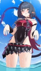 1girls 4kebidayo absurdres animal_ears bare_shoulders black_hair black_one-piece_swimsuit black_sarong blue_eyes blue_sky blush breast_curtains breasts choker cleavage cloud collarbone commentary_request covered_navel earrings female female_only fingernails fishnet_sleeves fishnets half-closed_eyes highres jane_doe_(nocturne_of_light)_(zenless_zone_zero) jane_doe_(zenless_zone_zero) jewelry large_breasts leather_leotard long_hair looking_at_viewer mouse_ears mouse_girl mouse_tail multicolored_hair o-ring o-ring_choker o-ring_swimsuit official_alternate_costume one-piece_swimsuit outdoors parted_lips red_hair red_nails red_one-piece_swimsuit sarong sharp_tail sky solo swimsuit tail two-tone_one-piece_swimsuit wading water zenless_zone_zero