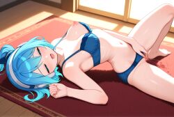 ai_generated bare_legs blue_eyes blue_hair bra breasts lingerie mega_man mega_man_x_dive nipples ponytail rico_(mega_man) sex sexy sexy_body sexy_pose short_hair vaginal_masturbation vaginal_penetration