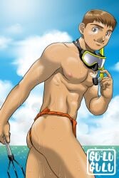 1boy 2017 abs artist_name ass ass_cleavage beach big_areola big_ass brown_eyes brown_hair dat_ass fisherman fundoshi gay goggles goggles_around_neck gu-lugulu japanese_clothes looking_at_viewer male male_only mature_male morning muscles muscular muscular_male no_body_hair orange_fundoshi original original_character pecs rokushaku_fundoshi short_hair sky smile snorkel solo standing summer thick_ass trident walking yaoi young