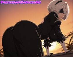 ai_generated ass black_blindfold black_dress black_gloves black_hairband blindfold breasts clothing_cutout covered_eyes dress female gloves hairband juliet_sleeves large_breasts long_sleeves meitabuu mole mole_under_mouth nier nier:_automata nier_(series) orange_sky outdoors palm_tree parted_lips puffy_sleeves short_hair sky solo sun sunset tree white_hair yorha_2b