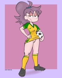 cleats exhibitionism exhibitionist exposed_pussy flashing flashing_pussy football lewd_inspector lily_(day_job) no_panties pussy_peek shirt shirt_lift smirk smirking soccer_ball soccer_uniform