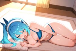 ai_generated bare_legs blue_eyes blue_hair bra breasts lingerie masturbation mega_man mega_man_x_dive nipples ponytail rico_(mega_man) sexy sexy_body sexy_pose short_hair vaginal_masturbation