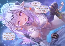1boy bandages bar_censor black_gloves blush breasts bug butterfly caelus_(honkai:_star_rail) can_(canzume) castorice_(honkai:_star_rail) censored commentary_request elbow_gloves english_text female fingerless_gloves gloves holding_hands honkai:_star_rail honkai_(series) large_breasts long_hair male_pubic_hair nipples open_mouth penis pink_hair pubic_hair purple_eyes shirt speech_bubble straight tiara trailblazer_(honkai:_star_rail) twitter_username white_shirt
