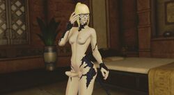 1futa au_ra blonde_hair bratty_submissive closed_eyes final_fantasy final_fantasy_xiv full-package_futanari futanari glasses gpose(ffxiv) heterochromia pale_skin ponytail scales screencap skinny small_breasts solo_futa tail threnody