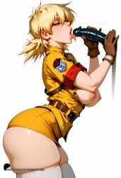 ai_generated assertive_female blushingcheeks breasts_out curvy dildo fellatio gloves hellsing in_heat licking_dildo medium_breasts military_uniform miniskirt mounted_dildo on_side open_shirt pencil_skirt saliva saliva_on_dildo seras_victoria skindentation standing thick_thighs tongue_out uniform white_panties white_thighhighs