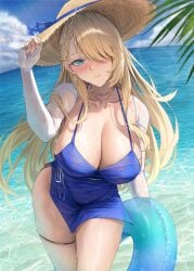 1girls absurdres blonde_hair blue_dress blue_eyes blue_sky blush breasts brown_dust_(series) brown_dust_2 chco cleavage closed_mouth commentary day dress earrings female female_only hair_over_one_eye hand_on_headwear hat highres innertube jewelry large_breasts lens_flare long_hair long_sleeves looking_at_viewer necklace ocean official_alternate_costume one_eye_covered outdoors palm_leaf shrug_(clothing) skindentation sky solo standing straw_hat sun_hat swim_ring thigh_strap very_long_hair water water_drop wet wilhelmina_(brown_dust) wilhelmina_(water_park_queen)_(brown_dust)