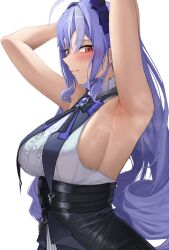 1girls absurdres adapted_costume ahoge alternate_breast_size_(larger) armpits arms_up black_skirt blush bow bowtie breasts center_frills chco closed_mouth drill_hair female female_only frills from_side gem hair_between_eyes hashtag-only_commentary high-waist_skirt highres large_breasts long_hair looking_at_viewer no_mole pointy_ears purple_bow purple_bowtie purple_gemstone purple_hair red_eyes sideboob_cutout simple_background skirt sleeveless solo sweat upper_body vivian_banshee white_background zenless_zone_zero