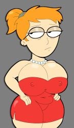 adult_swim smiling_friends zoey_(smiling_friends) simple_background self_upload weird00d grey_background big_breasts big_ass thick_thighs thick thick_ass thick_hips dress red_dress glasses 1girl female female_only solo_female nipple_piercing small_nipples slightly_chubby pigtail ginger_hair